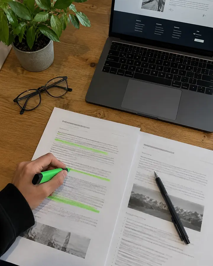 Ausgedruckte Erklärung zur Barrierefreiheit, einzelne Zeilen sind mit grünem Textmarker markiert