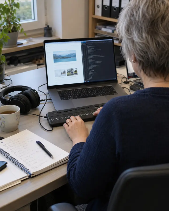 Prüferin liest an einer Braillezeile mit, während der Screenreader eine Website vorliest