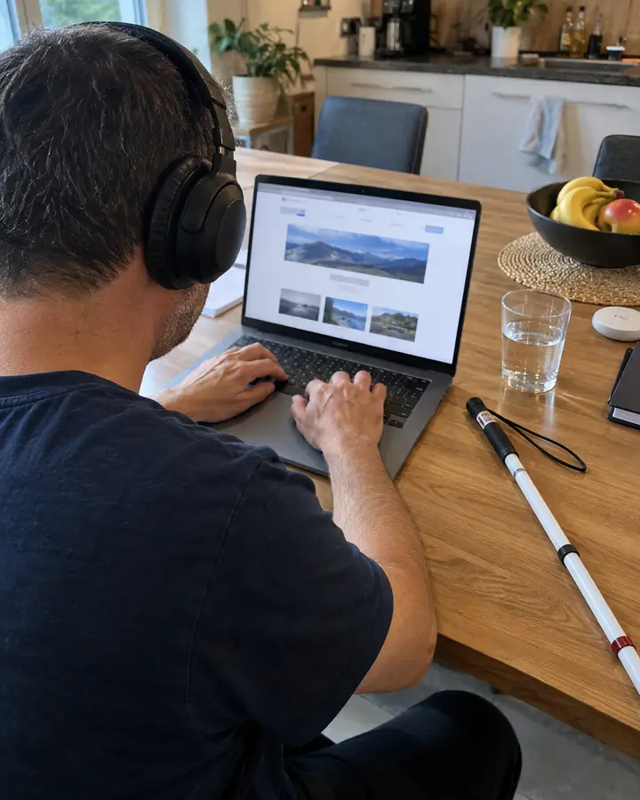 Blinder Mann mit Kopfhörern tippt am Laptop, neben ihm liegt ein weißer Langstock