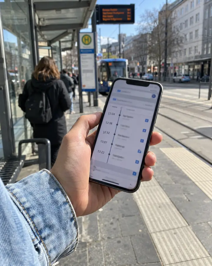 Hand hält an einer Straßenbahnhaltestelle ein Handy mit Fahrplan in der Mittagssonne