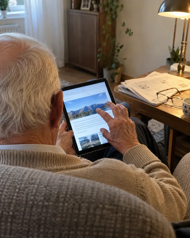 Älterer Mann im Sessel vergrößert mit zwei Fingern eine Website auf dem Tablet